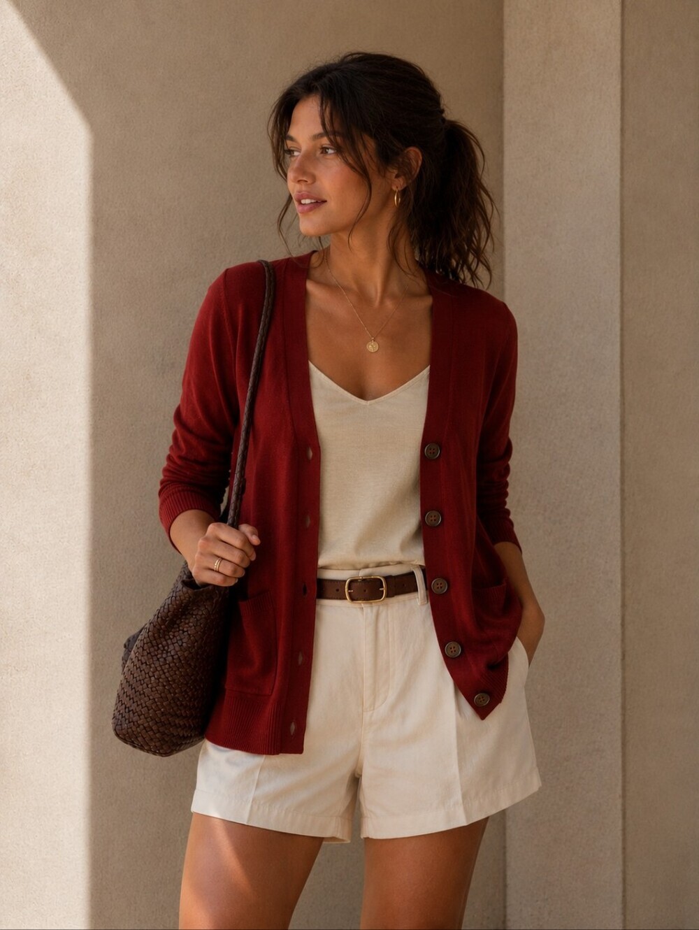 Deep Red Knit Cardigan V-neck Fall Soft Basics Layering - Size Medium